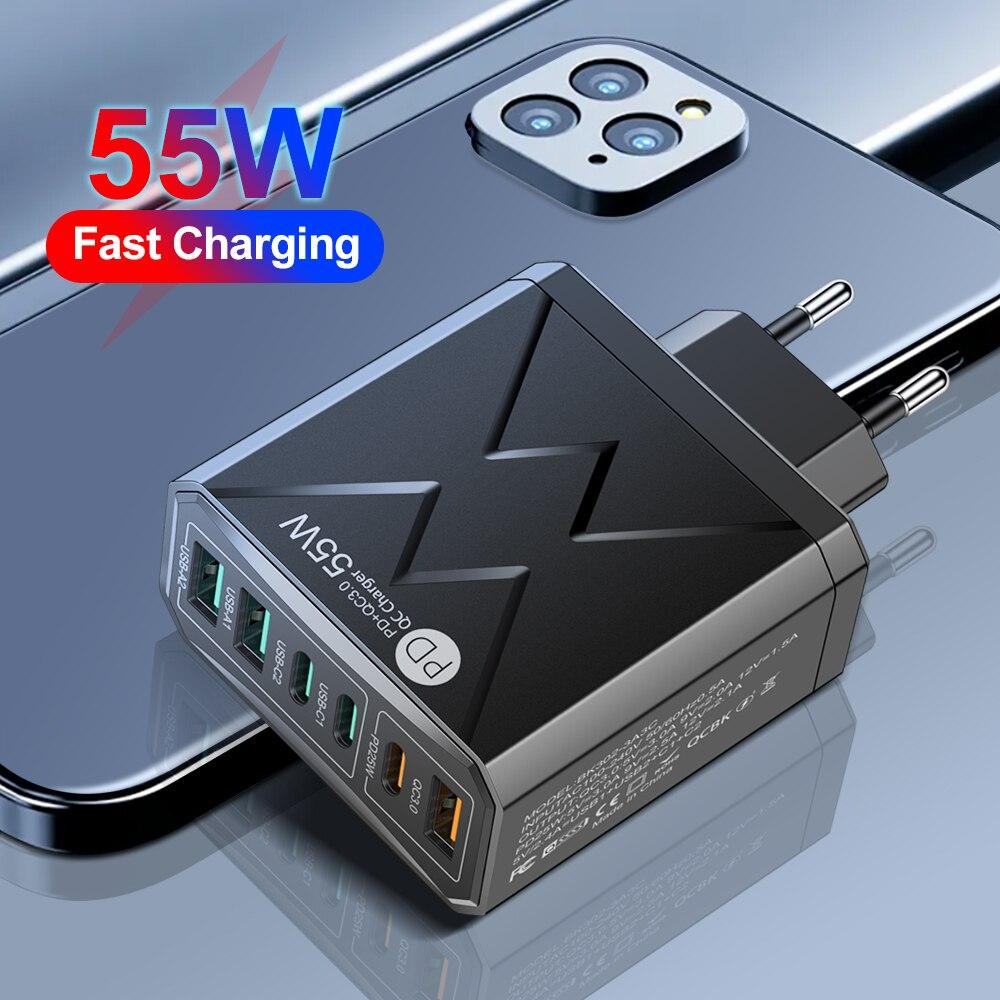 6 in 1 55W PD USB Charger Fast Charging Quick Charge 3.0 Travel Charger For iPhone Samsung Xiaomi Mobile Phone Charger UK Plug White
6 in 1 55W PD USB Charger Fast Charging Quick Charge 3.0 Travel Charger For iPhone Samsung Xiaomi Mobile Phone Charger UK Plug White