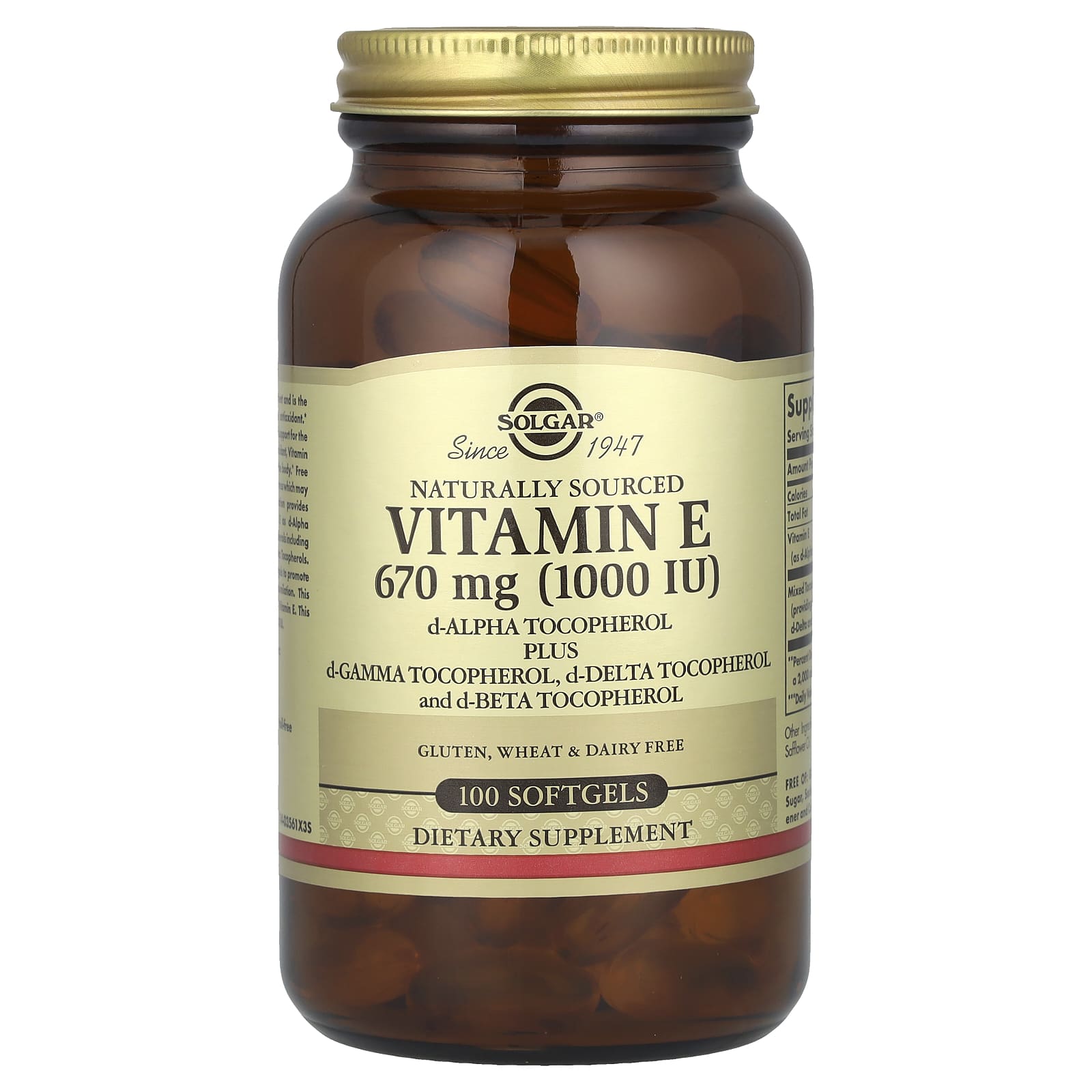 Solgar, Vitamin E, d-alpha tocopherol, d-gamma tocopherol plus, d-delta tocopherol and d-beta tocopherol, 670 mg (1,000 IU), 100 softgels
Solgar, Vitamin E, d-alpha tocopherol, d-gamma tocopherol plus, d-delta tocopherol and d-beta tocopherol, 670 mg (1,000 IU), 100 softgels