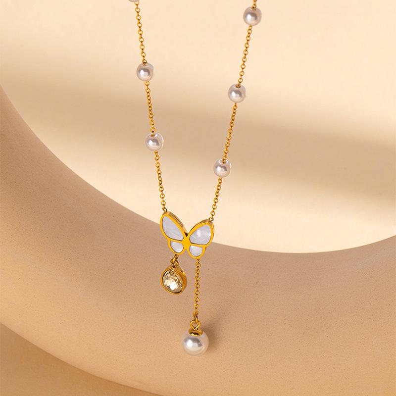 Korean Exquisite Butterfly Clavicle Necklace with Pearl Tassel and Zircon Pendant in Non-Fading Titanium Steel for Women
Korean Exquisite Butterfly Clavicle Necklace with Pearl Tassel and Zircon Pendant in Non-Fading Titanium Steel for Women