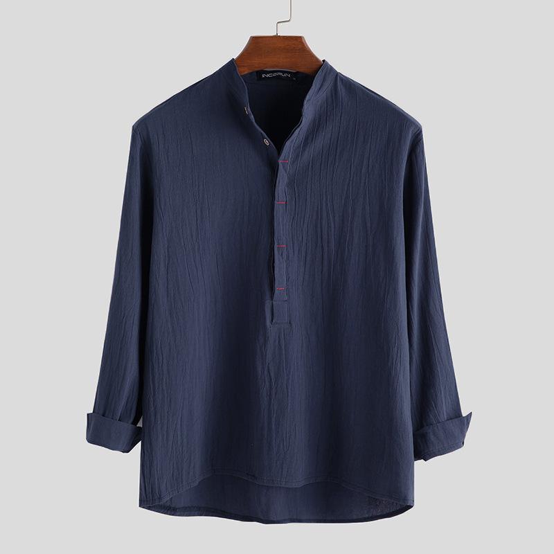Spring and Autumn Loose Pure Color Long-sleeved Chinese Style Stand Collar Shirts Texture Contrast Button Design Men s Casual Shirts XXXL темно-синього кольору
Spring and Autumn Loose Pure Color Long-sleeved Chinese Style Stand Collar Shirts Texture Contrast Button Design Men s Casual Shirts XXXL темно-синього кольору