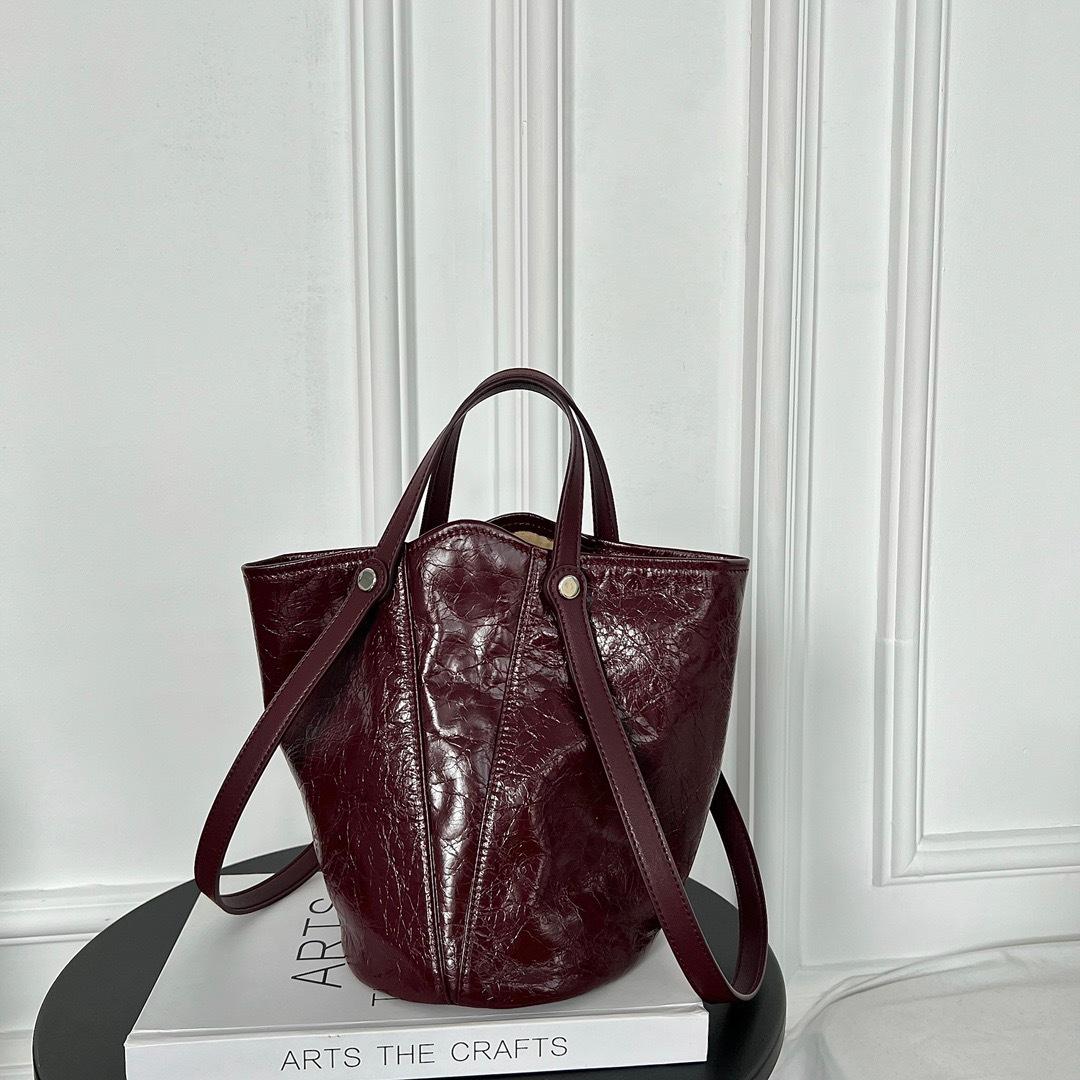 Сумка-ведро из коровьей кожи с масляным воском, новая простая и универсальная сумка для подмышек, сумка через плечо на одно плечо, сумка-тоут 26x14x18cm сплав оранжевый