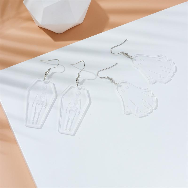 European and American Halloween Transparent Acrylic Skull Ghost Earrings Personalized Coffin Earrings Horror Skeleton Earrings білий
European and American Halloween Transparent Acrylic Skull Ghost Earrings Personalized Coffin Earrings Horror Skeleton Earrings білий