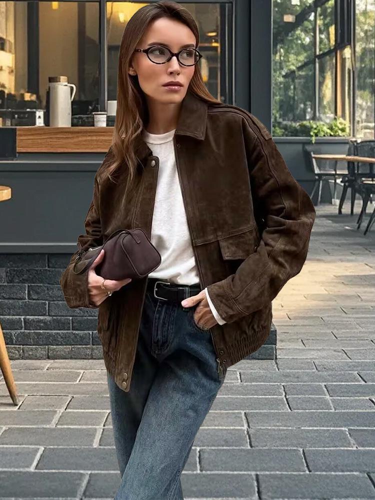 Женская ретро коричневая минималистичная куртка на молнии с лацканами: Стиль Высокого Класса Осень/Зима 2025 XL темно-коричневого