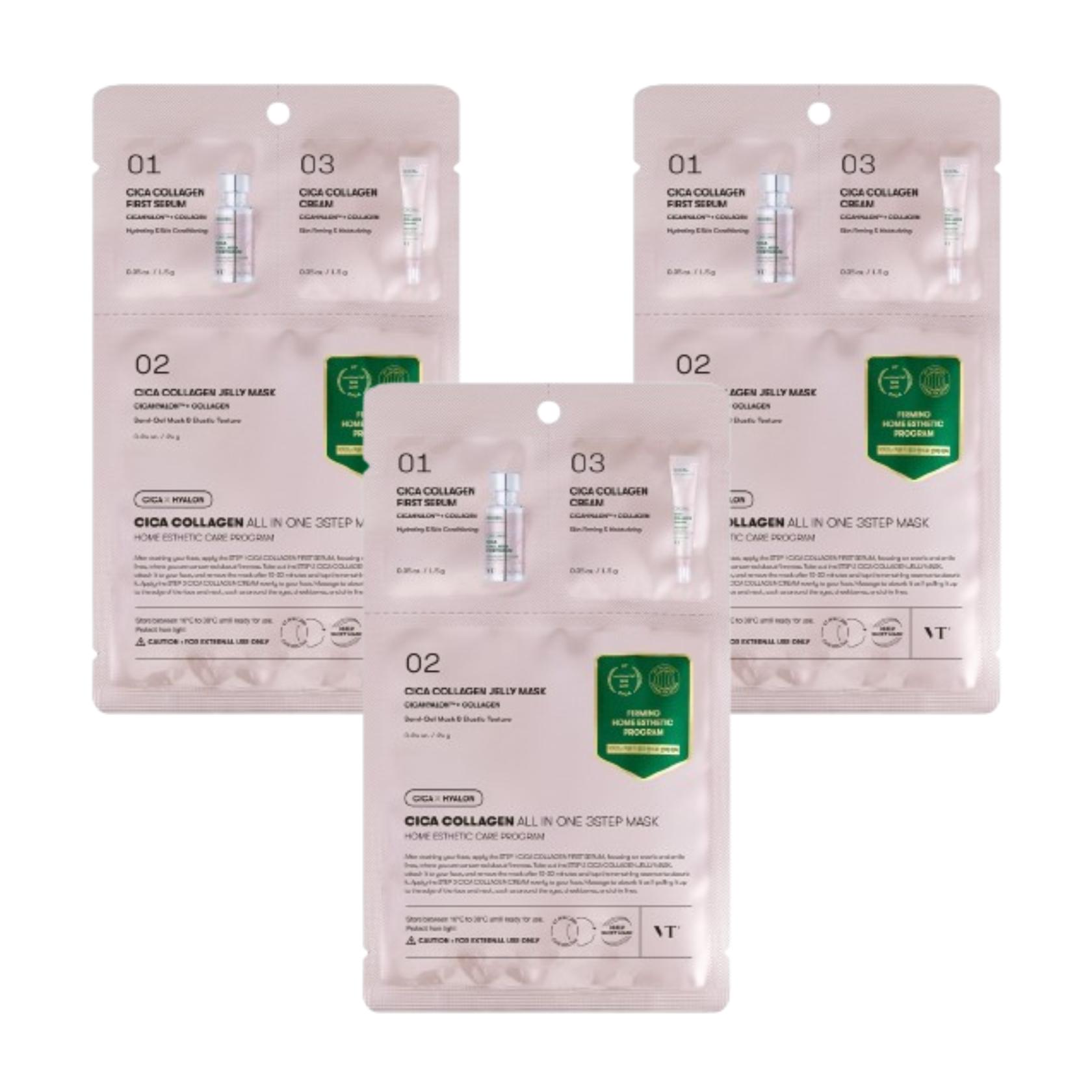 VT Cosmetics Cica Collagen All in One 3-Step Mask 3 x 1.5 g + 24 g + 1.5 g - Collagen mask, set of 3
VT Cosmetics Cica Collagen All in One 3-Step Mask 3 x 1.5 g + 24 g + 1.5 g - Collagen mask, set of 3
