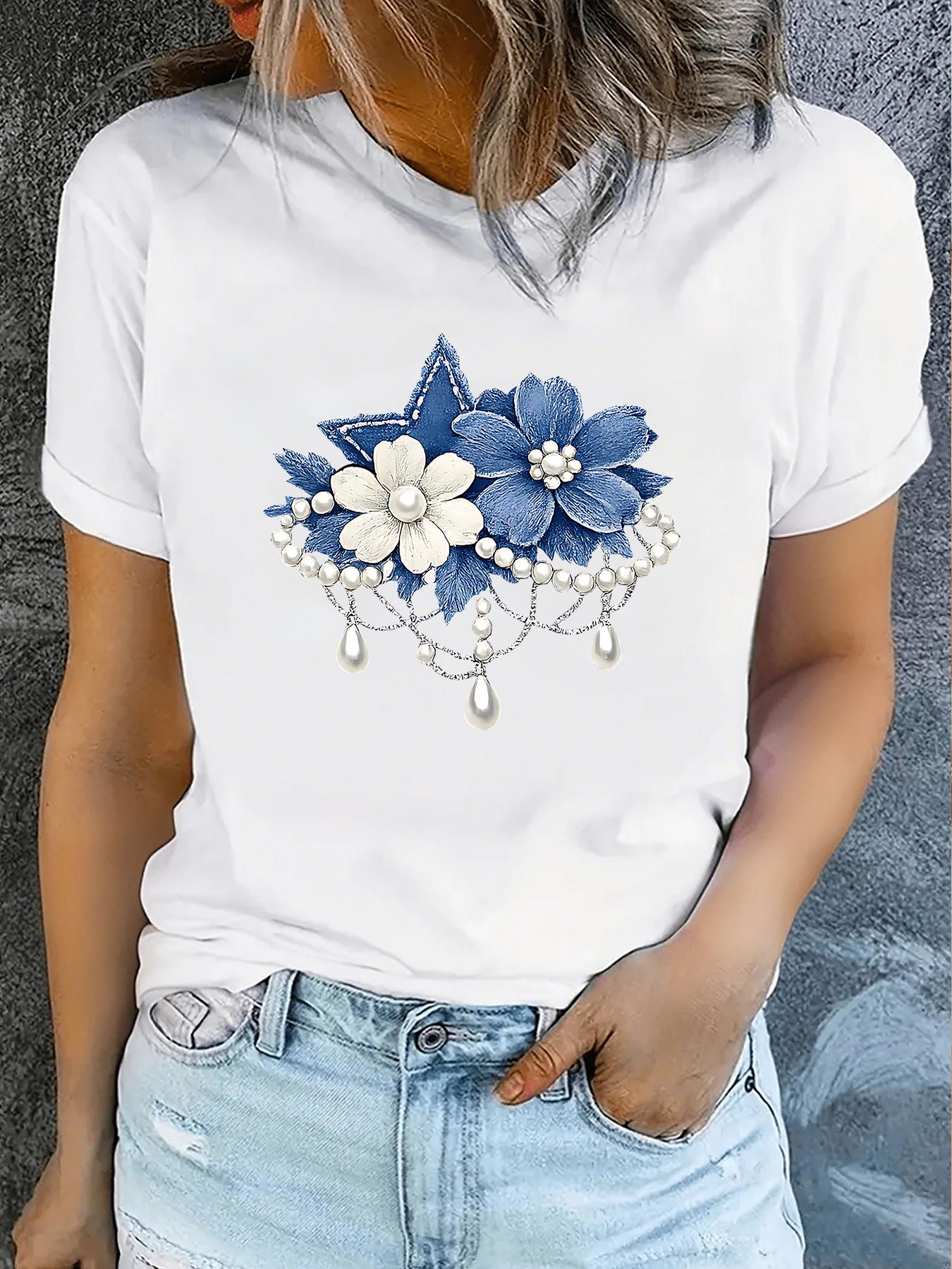 Round Neck Short Sleeve T-Shirt with Blue and White Floral Pearl Tassels. Summer New Arrival. Casual Vacation Print. Women s Fun Regular Top S дубильная кора
Round Neck Short Sleeve T-Shirt with Blue and White Floral Pearl Tassels. Summer New Arrival. Casual Vacation Print. Women s Fun Regular Top S дубильная кора