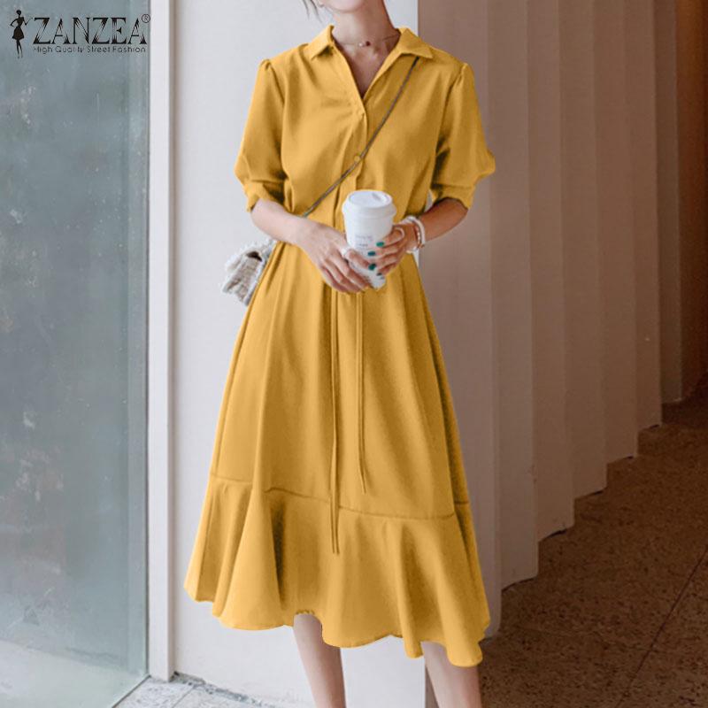 ZANZEA Женское повседневное платье-рубашка миди с рукавами 3/4 и оборками по подолу
ZANZEA Женское повседневное платье-рубашка миди с рукавами 3/4 и оборками по подолу