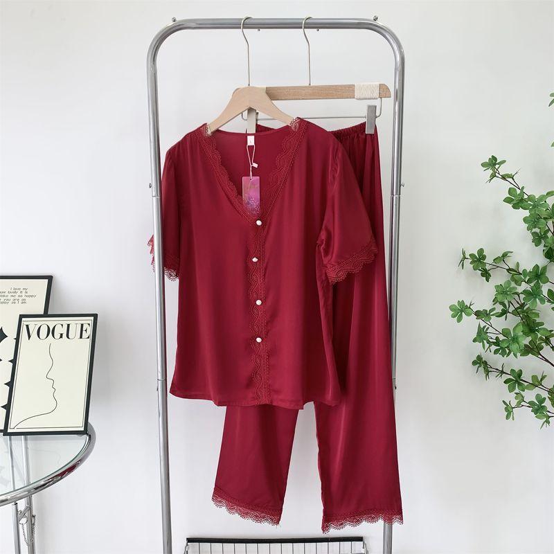 K-style Short Sleeve Pants V Neck Pajamas Women s Summer Thin Silk Lace Lace Home Wear Plus Size Suit Outwear Jujube Red L
K-style Short Sleeve Pants V Neck Pajamas Women s Summer Thin Silk Lace Lace Home Wear Plus Size Suit Outwear Jujube Red L
