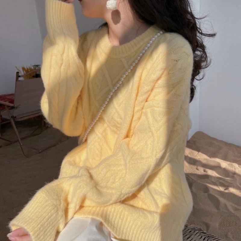 YYFS Женская мода Повседневный Осень Зима Однотонный Принт Длинный Рукав О-Образным Вырезом Свитера One size жёлтый