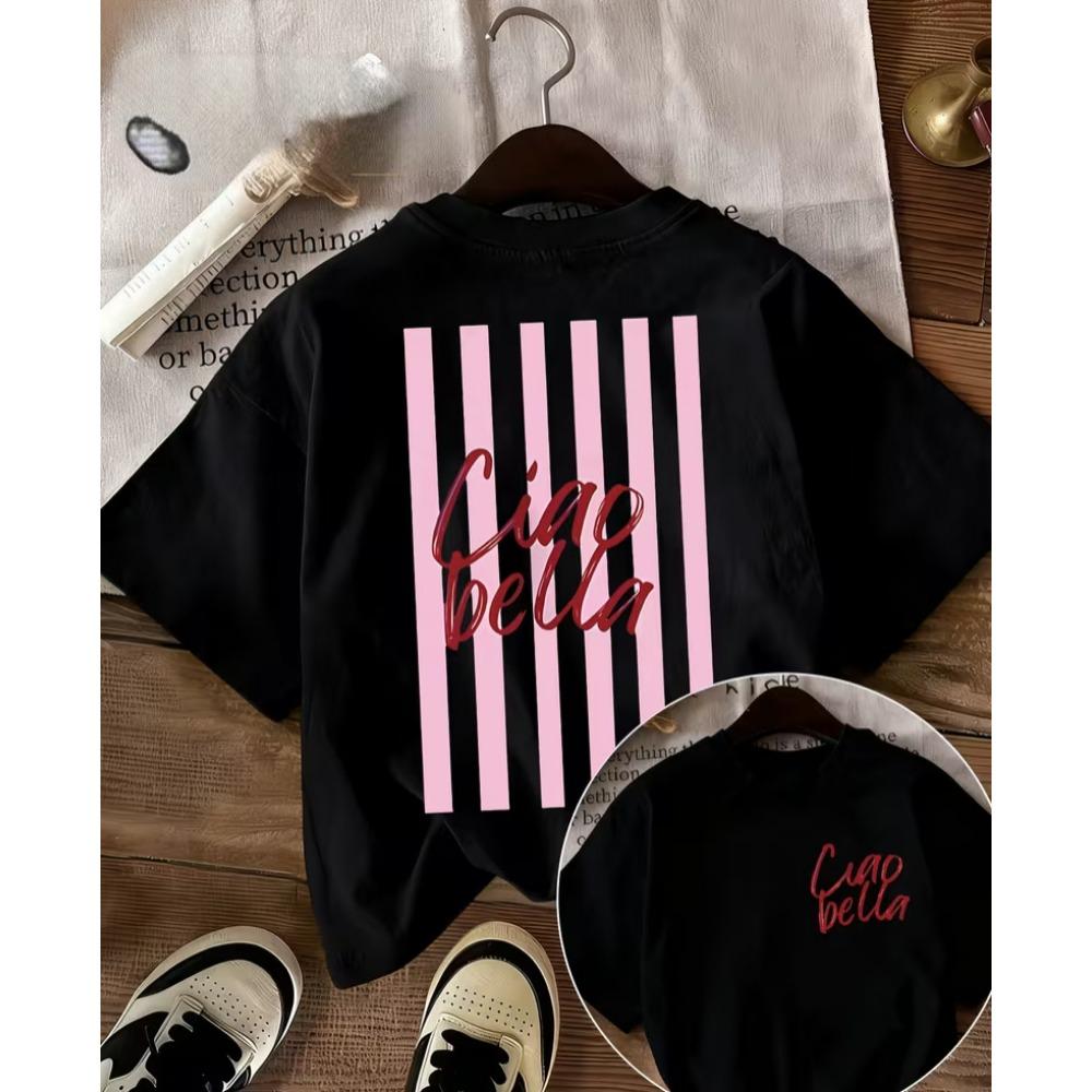 Ciao Bella Striped Print T-shirt Italian Retro Graphic Short Sleeve Tops Women Casual Loose Streetwear Daily Wear Tee Summer S
Ciao Bella Striped Print T-shirt Italian Retro Graphic Short Sleeve Tops Women Casual Loose Streetwear Daily Wear Tee Summer S