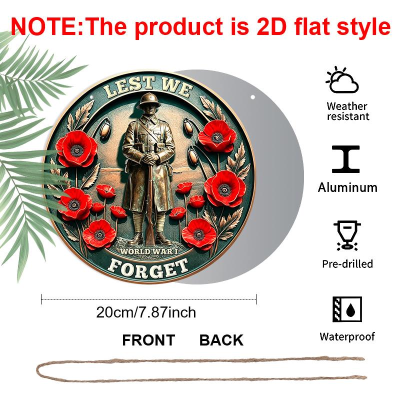 2D Flat Retro Industrial Style Aluminum Metal Wreath Round Sign, World War I Lest We Forget Soldier Poppy Metal Sign, Decoration Plaque, Retro Wall 1pc
2D Flat Retro Industrial Style Aluminum Metal Wreath Round Sign, World War I Lest We Forget Soldier Poppy Metal Sign, Decoration Plaque, Retro Wall 1pc