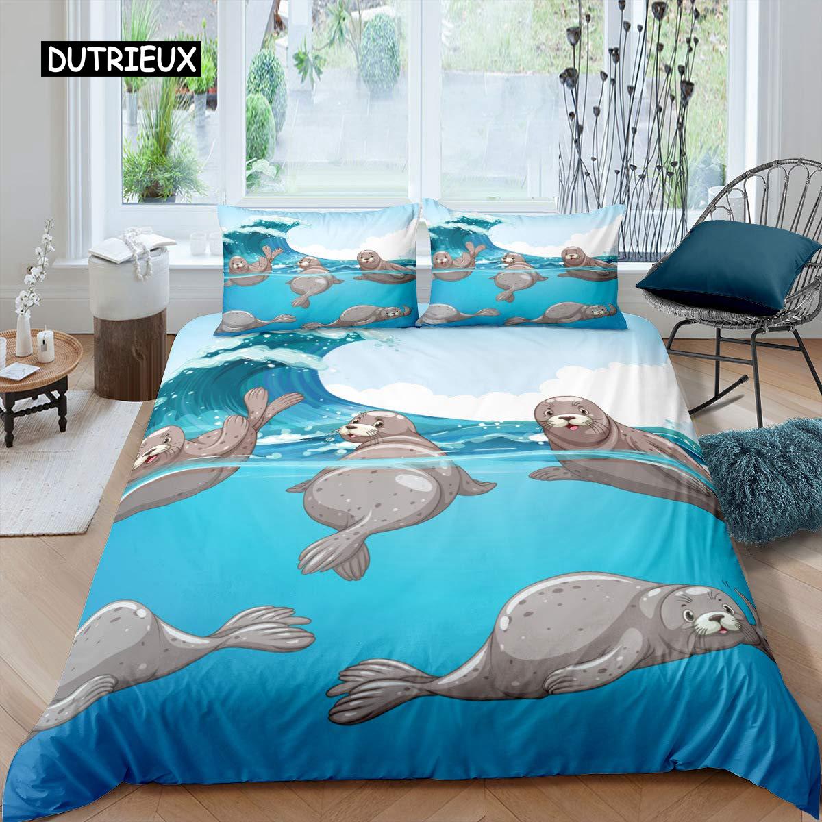 Пододеяльник с изображением тюленя размера King, милый комплект постельного белья с изображением тюленя, милый экзотический стиль океана, 2/3 шт., полиэстеровое одеяло с изображением морской жизни EU single(135x200cm)