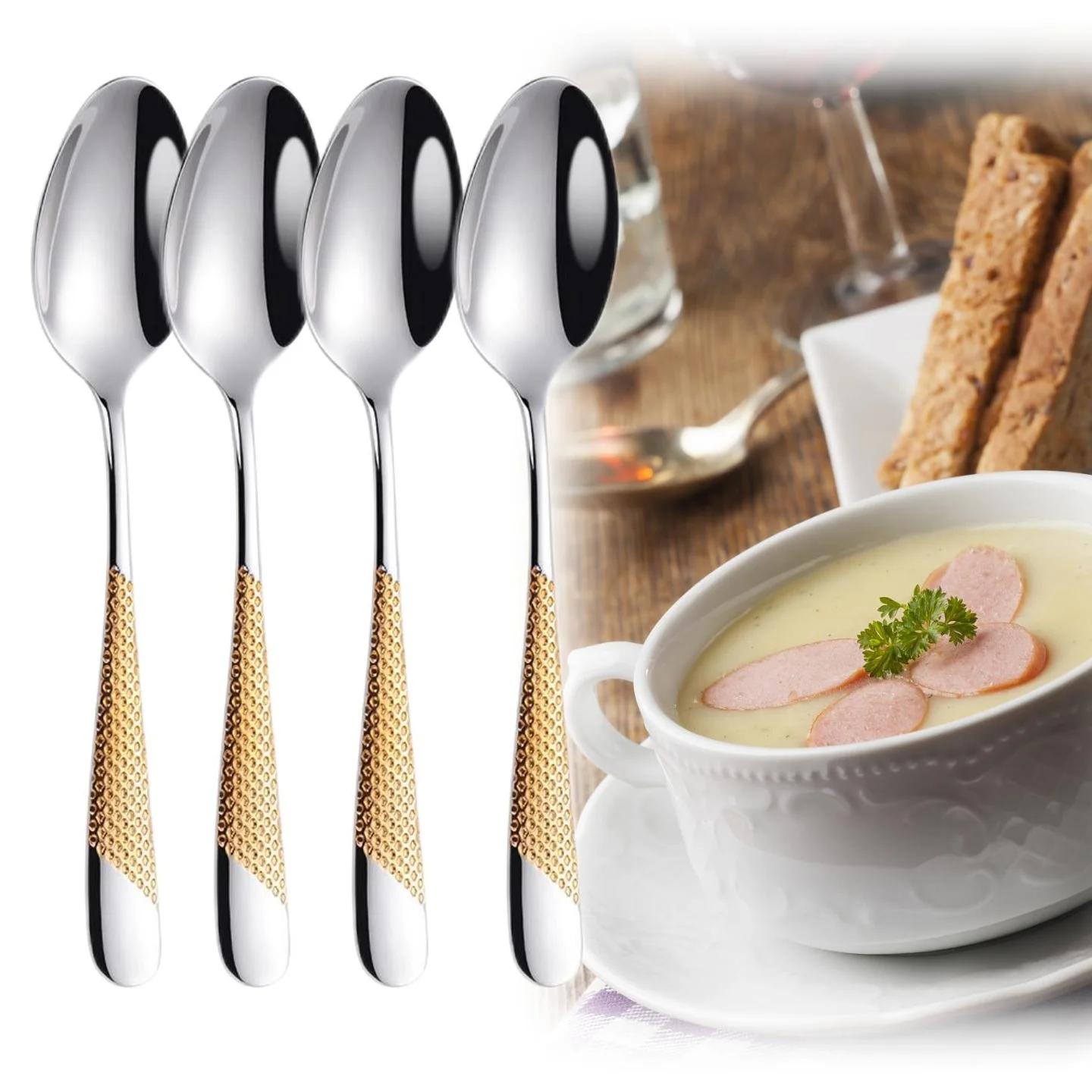 Gold Plated Dinner Spoon Set With Hammered Handle 18-10 Dishwasher Safe Dinning Table Spoon Soup Spoon Cutlery Set
Gold Plated Dinner Spoon Set With Hammered Handle 18-10 Dishwasher Safe Dinning Table Spoon Soup Spoon Cutlery Set