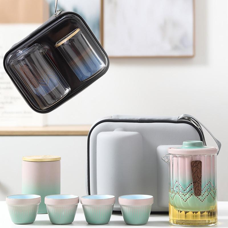 Travel Kung Fu tea set, gift set, printed glass bubble teapot, portable bag, ceramic express cup, one pot of four cups
Travel Kung Fu tea set, gift set, printed glass bubble teapot, portable bag, ceramic express cup, one pot of four cups