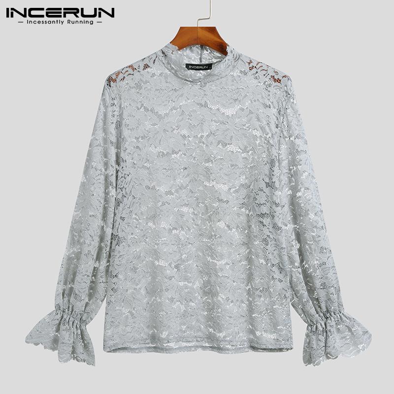 INCERUN Весенняя мужская кружевная цветочная вечеринка Solid See Through Slim Tops
