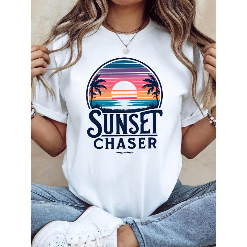 Women S Sunset Chaser Theme T-Shirt - Gradient Sunset Palm Tree Slogan Decor Casual Short Sleeve, Blue Pink Orange Fresh Vacation Sunset Lover Top S белый
Women S Sunset Chaser Theme T-Shirt - Gradient Sunset Palm Tree Slogan Decor Casual Short Sleeve, Blue Pink Orange Fresh Vacation Sunset Lover Top S белый