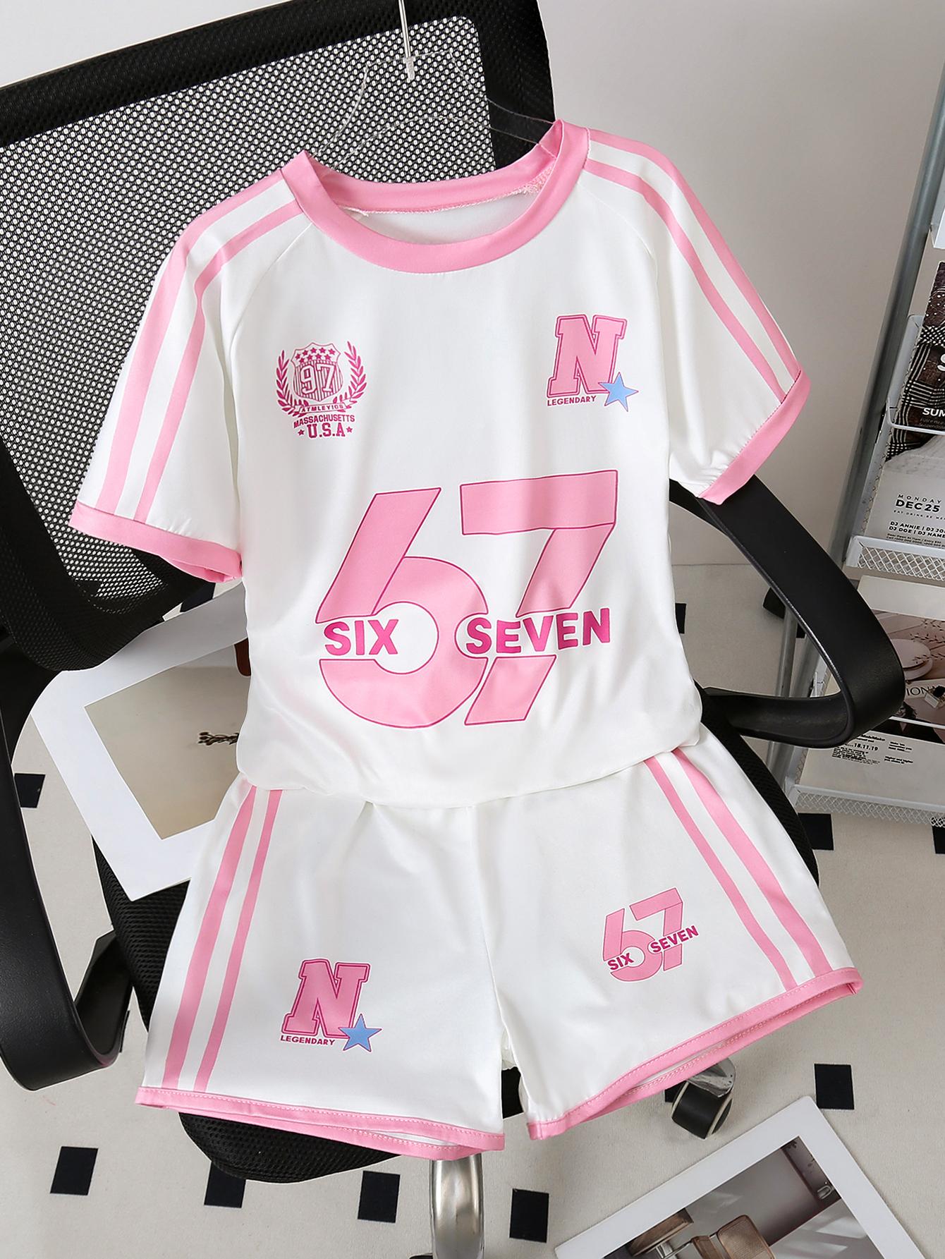 Two-piece girls preppy style casual T-shirt and shorts set with side stripes, number 67, and letter print, perfect for spring and summer. 8Y розовый
Two-piece girls preppy style casual T-shirt and shorts set with side stripes, number 67, and letter print, perfect for spring and summer. 8Y розовый