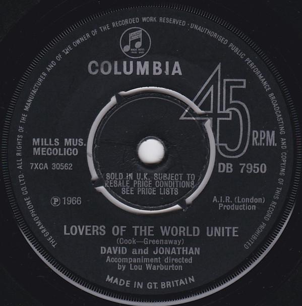 7inch Record DAVID JONATHAN Lovers Of The World Unite DB7950 Columbia 1966 UK Pop Used
7inch Record DAVID JONATHAN Lovers Of The World Unite DB7950 Columbia 1966 UK Pop Used