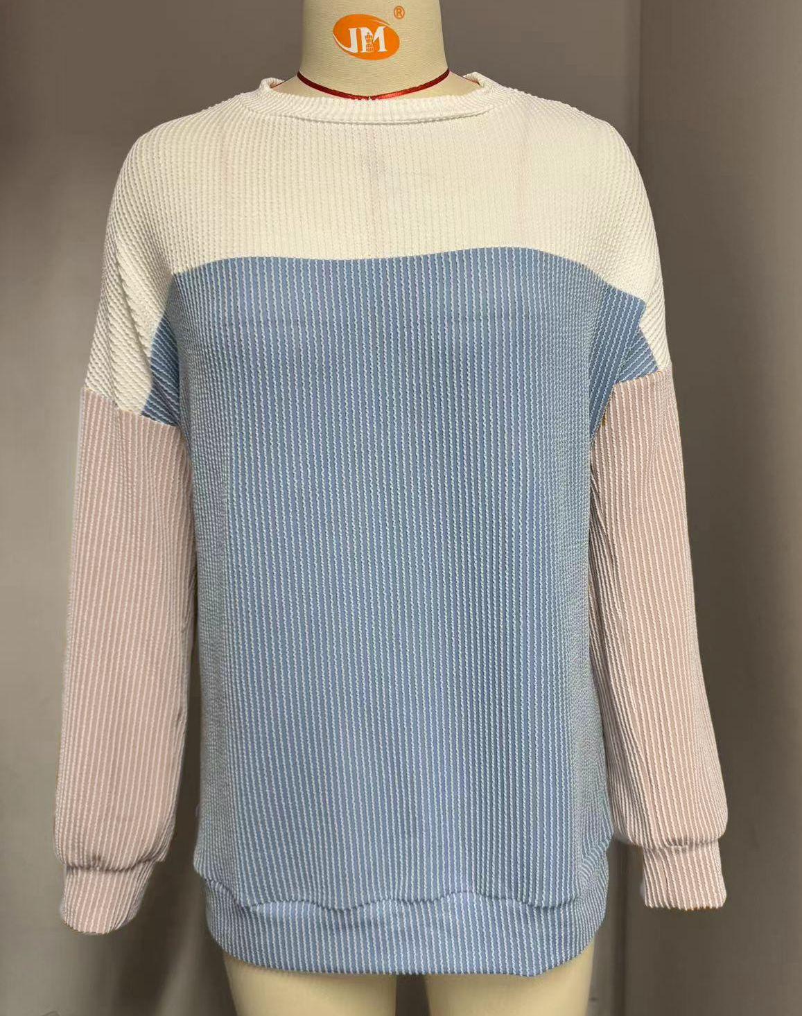 2024 Осень/Зима Женская футболка свободного кроя с круглым вырезом и длинными рукавами в полоску с цветными блоками S