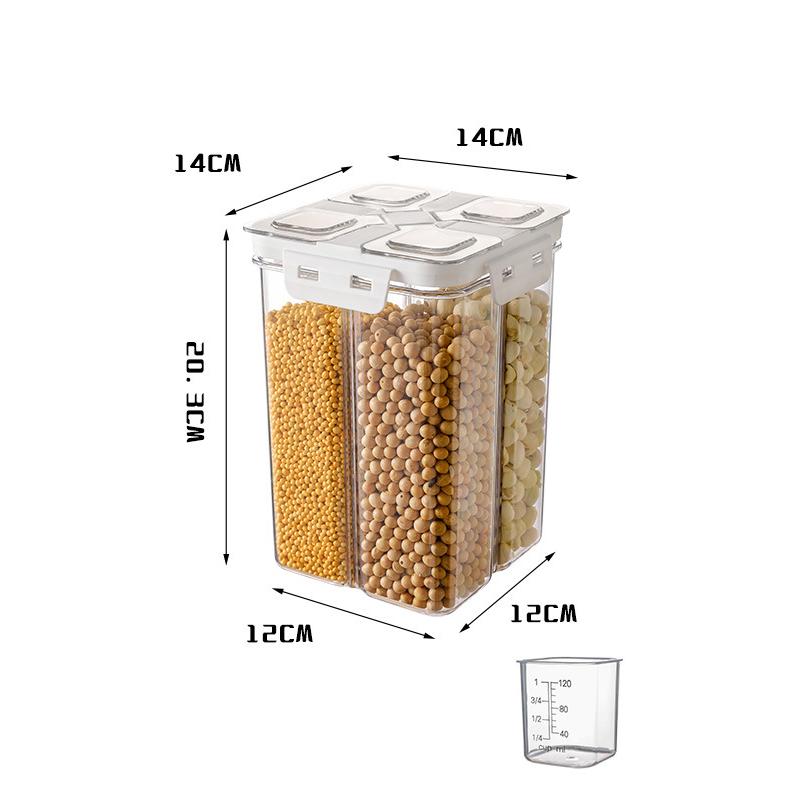 1 шт. Емкость для хранения зерна 4 секции Герметичная банка для зерна Большая вместимость Прозрачный контейнер для хранения риса с мерным стаканом Кухонная банка для хранения