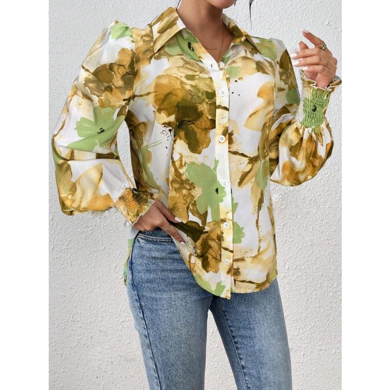 INDFS Женская мода Повседневный цветочный узор с принтом Весна Осень Длинные рукава Поло Воротник Пуловеры и длинные рукава XXL