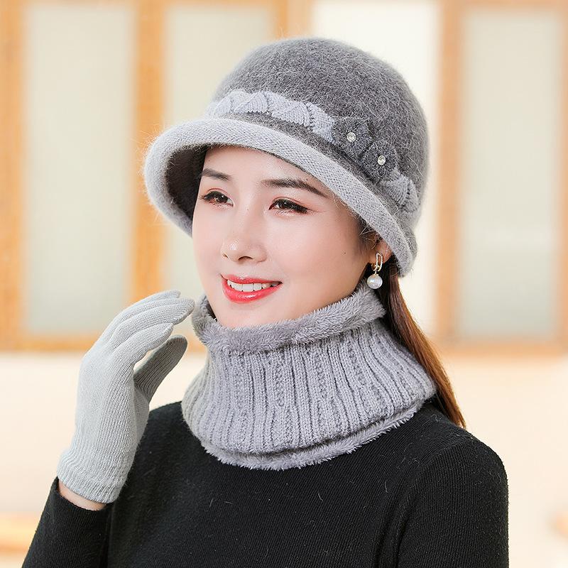 Утолщенная вязаная шерстяная шапка из кроличьего меха, женская осенне-зимняя шапка-ведро для среднего и пожилого возраста single hat серый