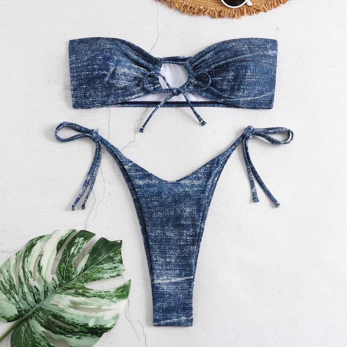 European & American Fishbone Cup Sexy Denim Bikini Swimsuit with Backless Cut and Bandage Detail for Women Small
European & American Fishbone Cup Sexy Denim Bikini Swimsuit with Backless Cut and Bandage Detail for Women Small