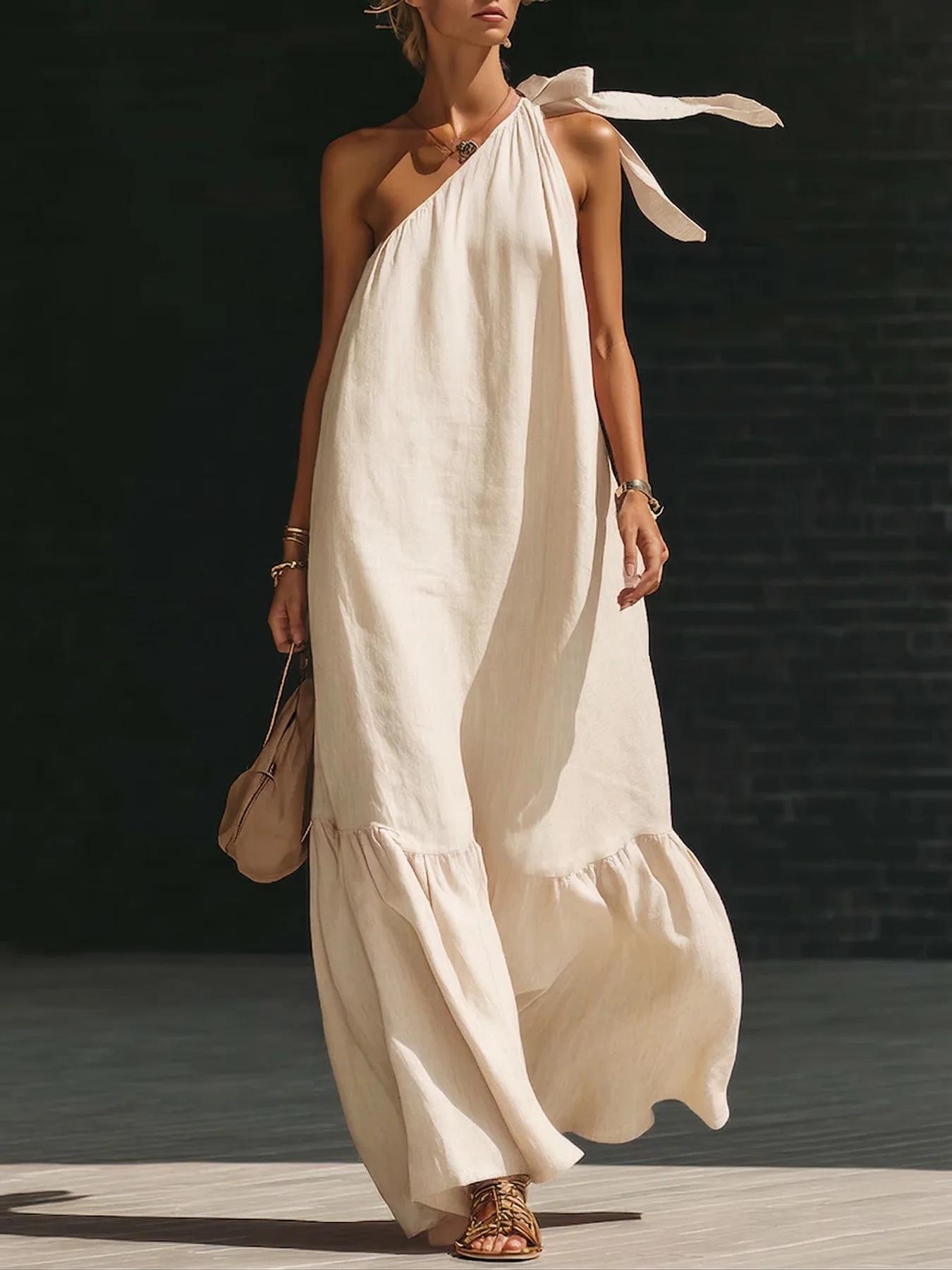 European and American style neck single shoulder long dress women s summer vacation style cotton and linen dress pink green beige elegant pendulum XXXL слонова кістка
European and American style neck single shoulder long dress women s summer vacation style cotton and linen dress pink green beige elegant pendulum XXXL слонова кістка