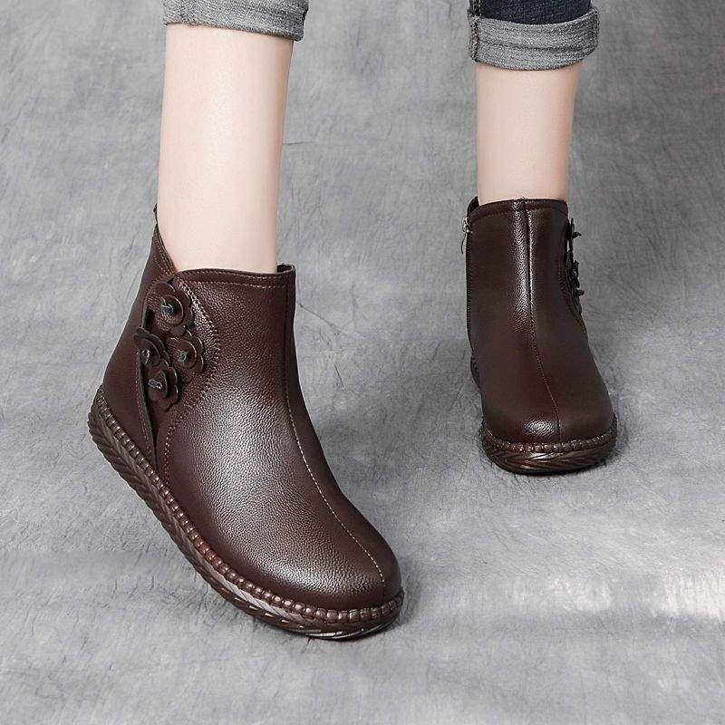 Настоящая мягкая кожа, хлопковая подкладка, короткие ботинки, женские осенне-зимние туфли на плоской подошве, для среднего возраста, зимние, бархатные, теплые, нескользящие, плоские ботинки, ретро 40