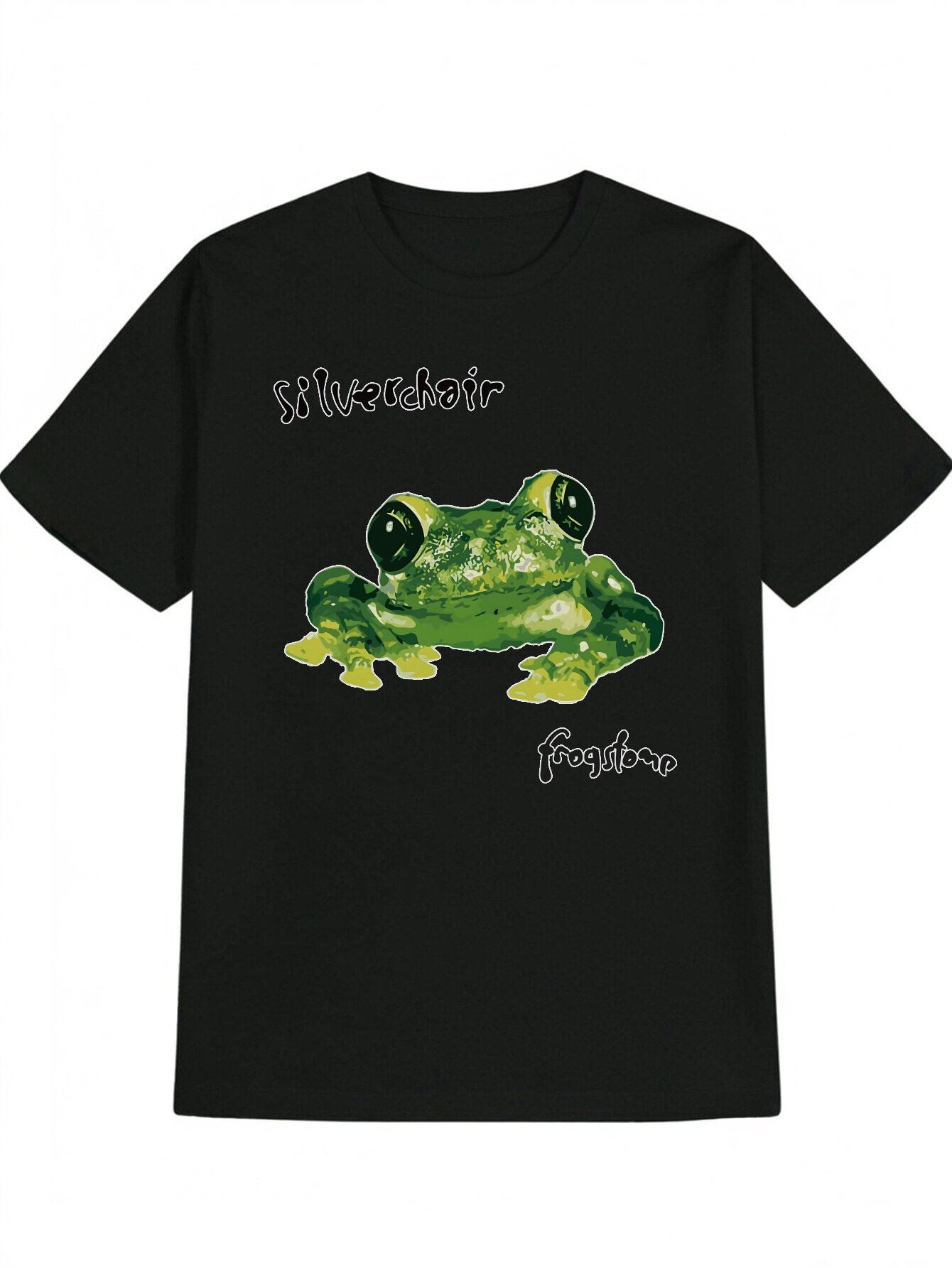 Casual Crew Neck T-shirt with Green Frog Illustration and Silverchair Print S
Casual Crew Neck T-shirt with Green Frog Illustration and Silverchair Print S