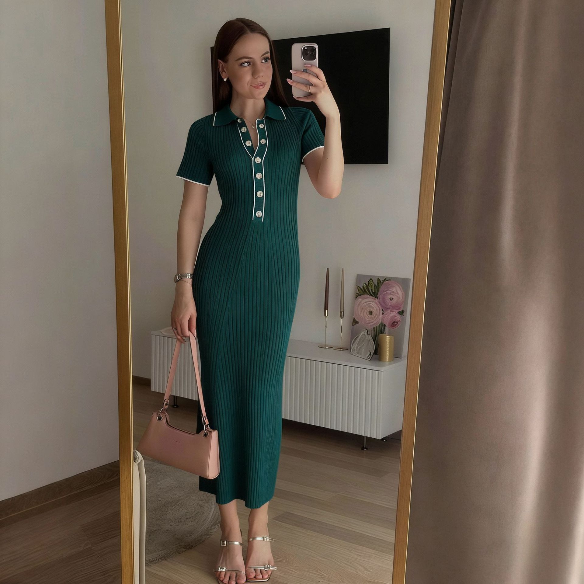 European and American lapel slim and thin temperament splicing contrasting color hip-wrapped short-sleeved long single-breasted dress L зелений
European and American lapel slim and thin temperament splicing contrasting color hip-wrapped short-sleeved long single-breasted dress L зелений