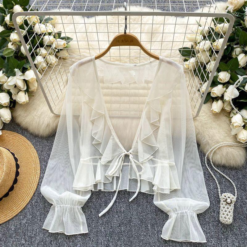 Милая уличная тонкая просвечивающая блузка на шнуровке с рукавами-колокольчиками и защитой от солнца для женщин, летняя, в нежном стиле, универсальная шифоновая блузка Apricot All yards
Милая уличная тонкая просвечивающая блузка на шнуровке с рукавами-колокольчиками и защитой от солнца для женщин, летняя, в нежном стиле, универсальная шифоновая блузка Apricot All yards