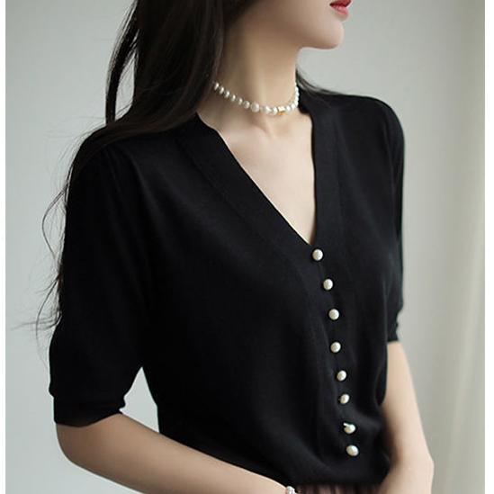Летний вязаный свитер, женский вязаный топ с короткими рукавами и v-образным вырезом, тонкая свободная вязаная футболка с жемчугом one size чёрный
Летний вязаный свитер, женский вязаный топ с короткими рукавами и v-образным вырезом, тонкая свободная вязаная футболка с жемчугом one size чёрный