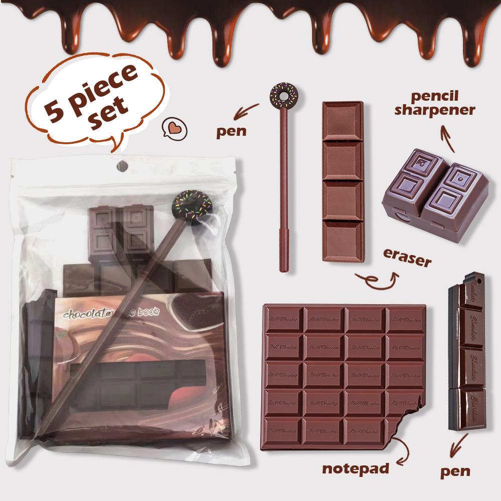 Kit 5pcs Creative aesthetic chocolate stationery set, Pen Sharpener Notepad Eraser School Material
Kit 5pcs Creative aesthetic chocolate stationery set, Pen Sharpener Notepad Eraser School Material