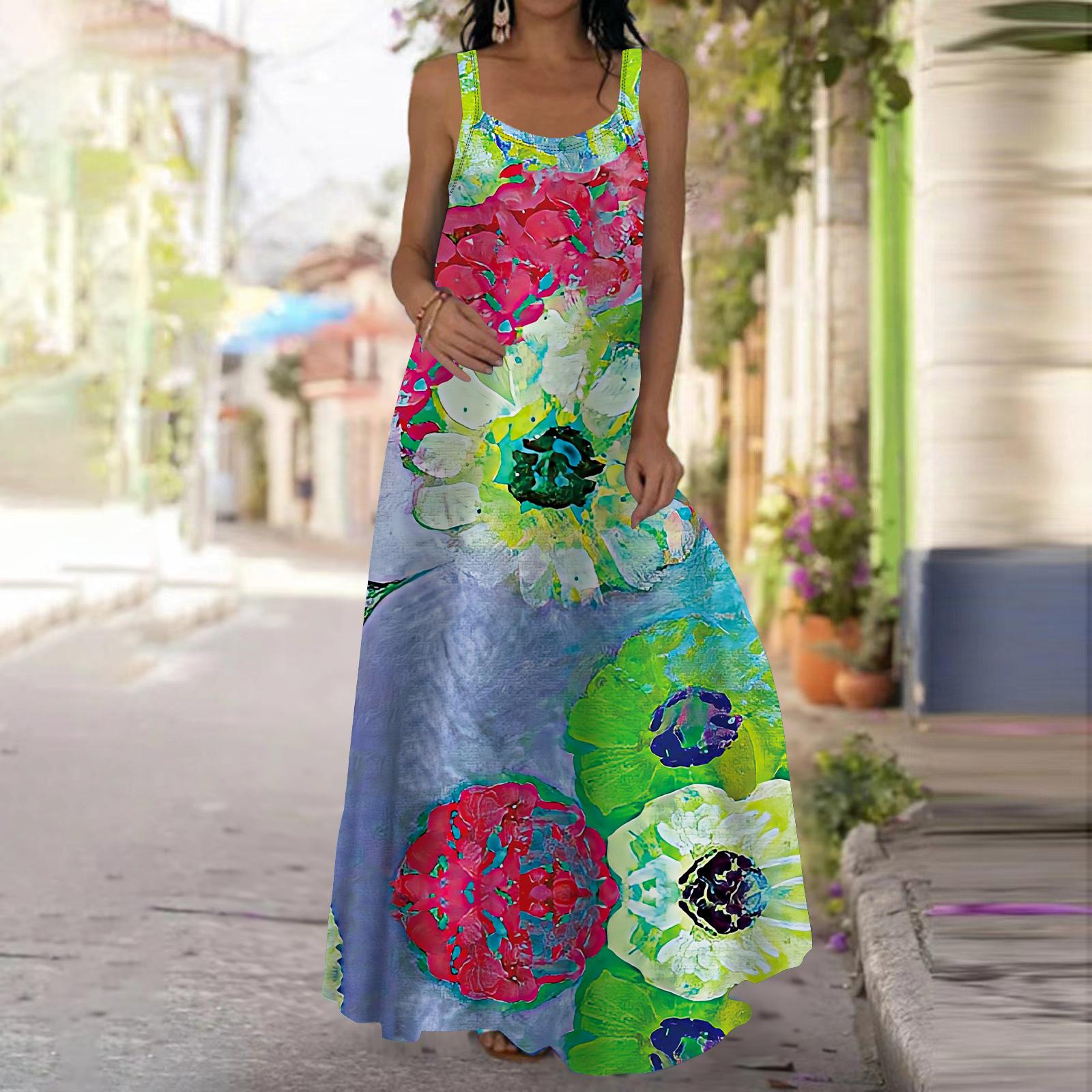 Женское платье-комбинация Длинное платье макси Красное платье с цветочным принтом Весна и лето Для отдыха и отпуска 8XL зелёный