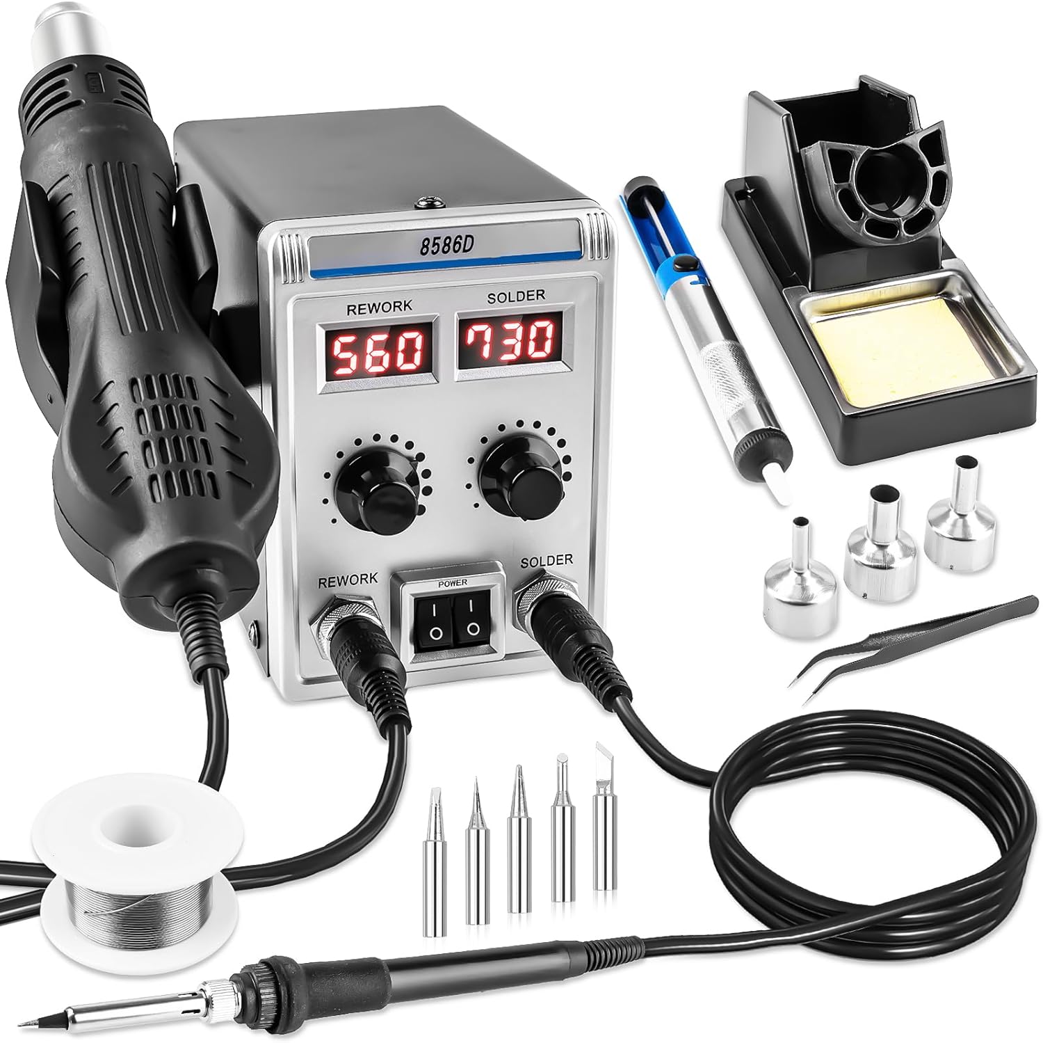 2 In 1 Soldering Station with Hot Air Rework, Digital Display, Heat Gun, Solder Iron Kit, Temperature Control, and Auto Sleep Functions.
2 In 1 Soldering Station with Hot Air Rework, Digital Display, Heat Gun, Solder Iron Kit, Temperature Control, and Auto Sleep Functions.