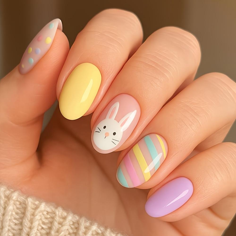 24Pcs pastel bunny press-on nails with polka dot and stripe designs. Medium square length, glossy style for Easter, weddings and daily wear. 24pcs
24Pcs pastel bunny press-on nails with polka dot and stripe designs. Medium square length, glossy style for Easter, weddings and daily wear. 24pcs
