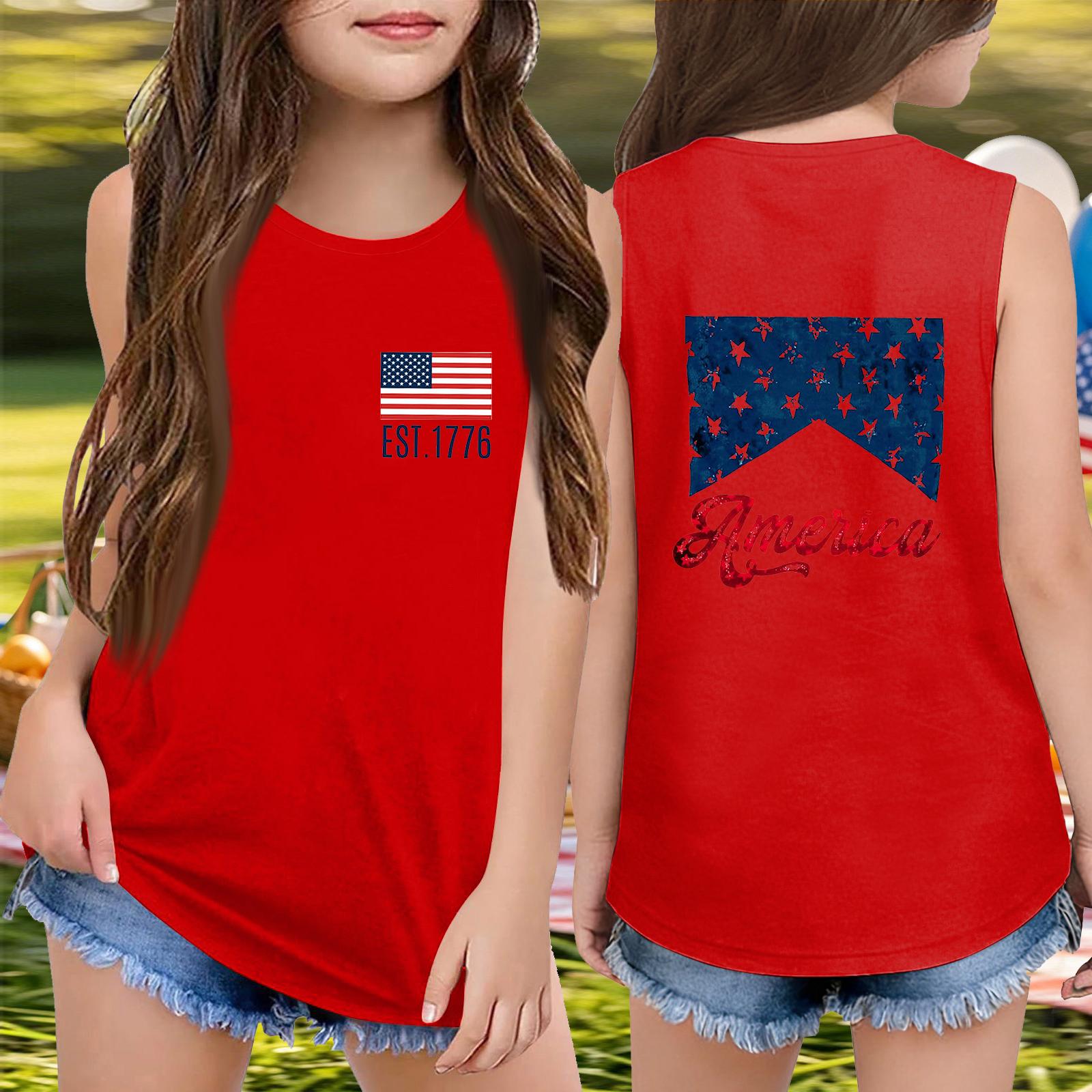 Girls Sleeveless Loose Fit Tank Top Round Neck T Shirt Independence Day Print USA Flag Casual Summer Tee for Kids 110
Girls Sleeveless Loose Fit Tank Top Round Neck T Shirt Independence Day Print USA Flag Casual Summer Tee for Kids 110