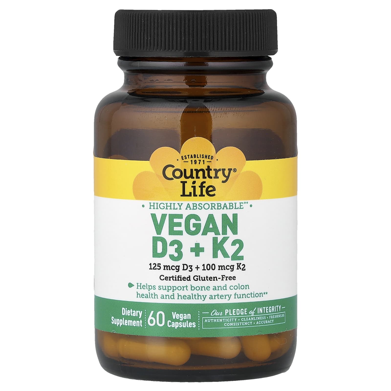 Country Life, Vegan D3 + K2, 60 Veggie Capsules
Country Life, Vegan D3 + K2, 60 Veggie Capsules