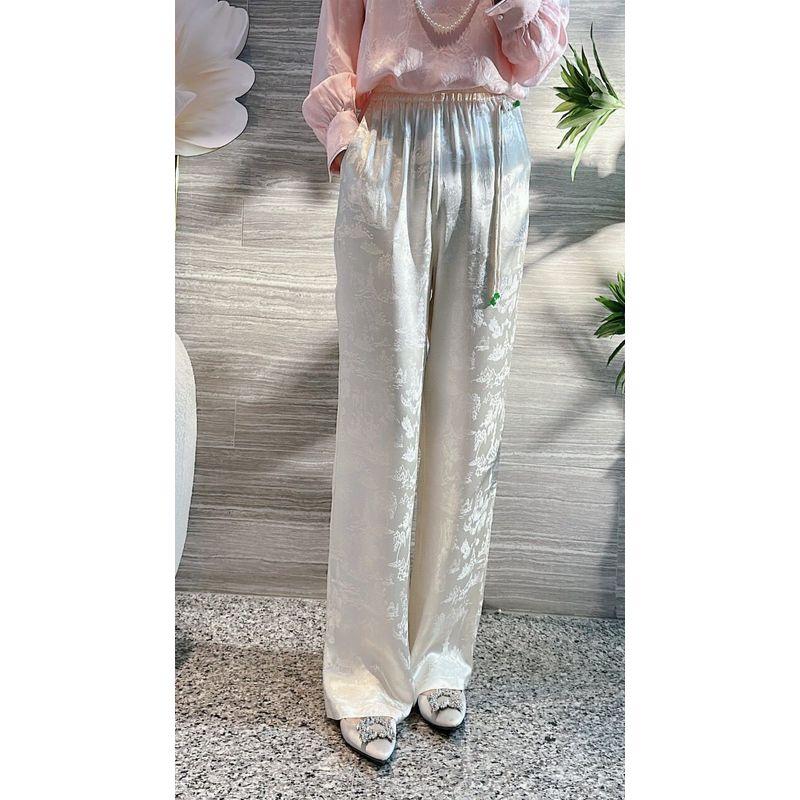 Счетчик Снятие Хвост Одиночная Эластичная Талия Национальный Стиль Повседневные Брюки Женские Китайская Мода Вискоза Жаккард Высокая Посадка Свободные Прямые Брюки Apricot S