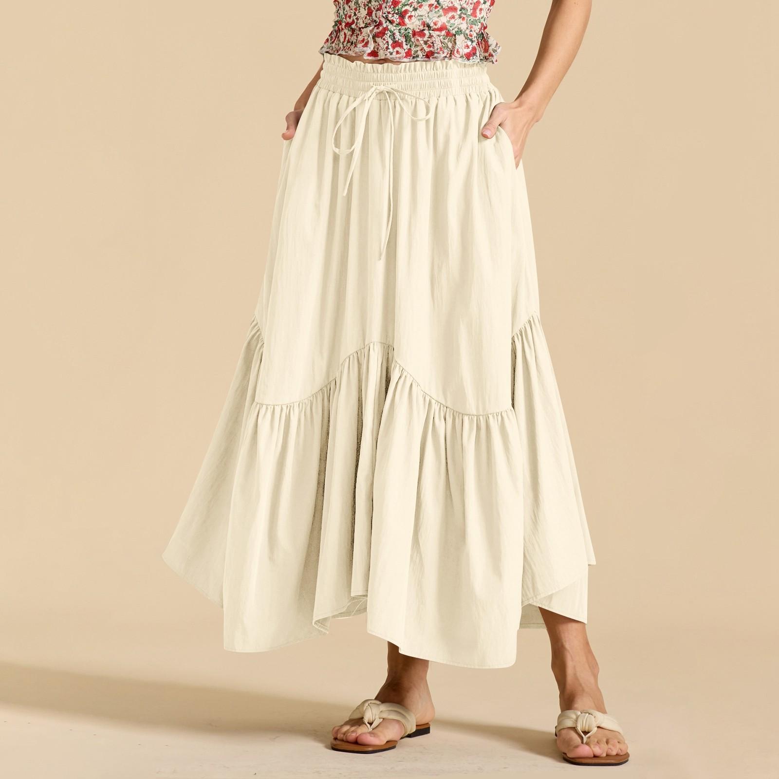 Женская модная однотонная юбка с высокой талией и эластичным поясом, с широкими карманами, в стиле ретро, с полудлинной юбкой M бежевый