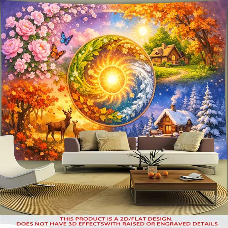 2D Four Seasons Tapestry, Wheel of the Year with Sun, Deer and Flowers Wall Art 47.2x31.5inch/120*80cm
2D Four Seasons Tapestry, Wheel of the Year with Sun, Deer and Flowers Wall Art 47.2x31.5inch/120*80cm