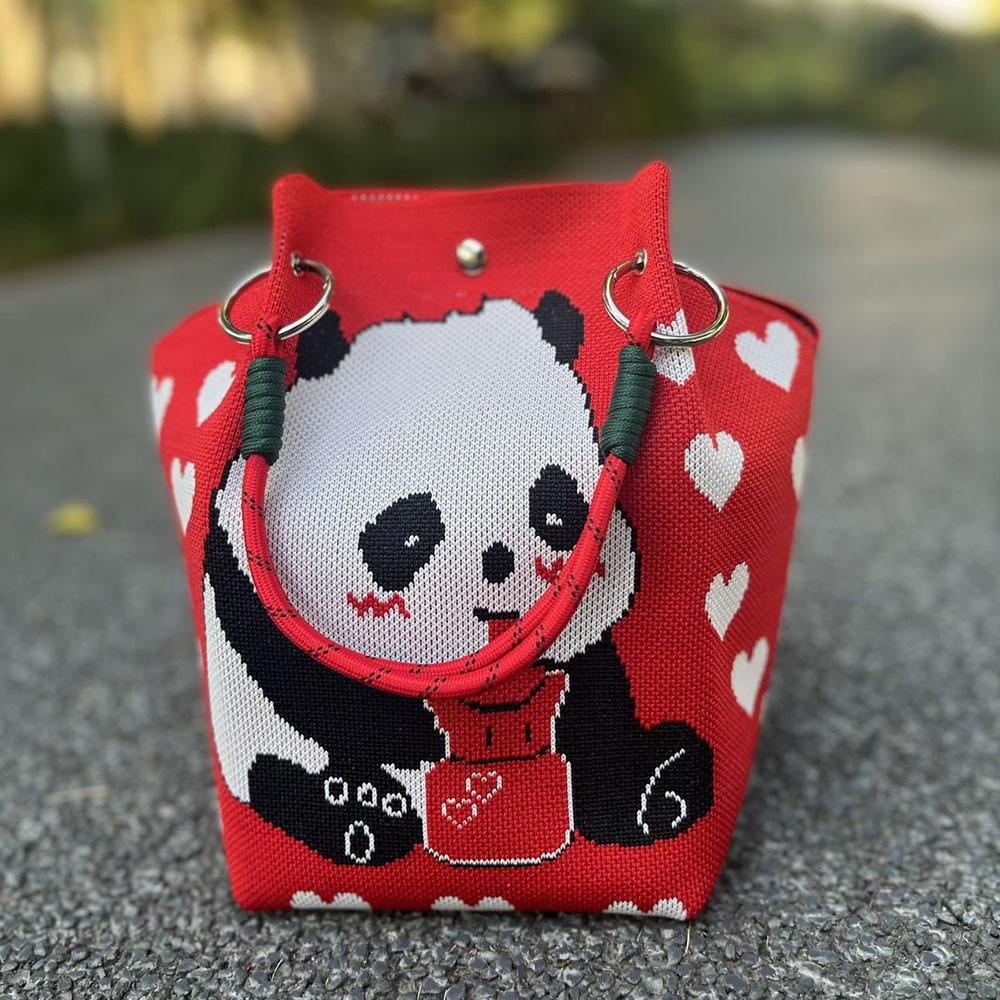 Casual Cartoon Panda Knitted Bucket Bag Handmade Woven Ring Buckle Shoulder Bags Large Capacity Wrist Bags for Women Girls
Casual Cartoon Panda Knitted Bucket Bag Handmade Woven Ring Buckle Shoulder Bags Large Capacity Wrist Bags for Women Girls