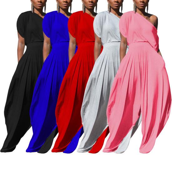 Комплект из 2 шт./компл., комплект из топа и брюк, однотонный, мешковатый на одно плечо, свободный комплект из 2 предметов, большой размер, с короткими рукавами, плиссированные 
Комплект из 2 шт./компл., комплект из топа и брюк, однотонный, мешковатый на одно плечо, свободный комплект из 2 предметов, большой размер, с короткими рукавами, плиссированные