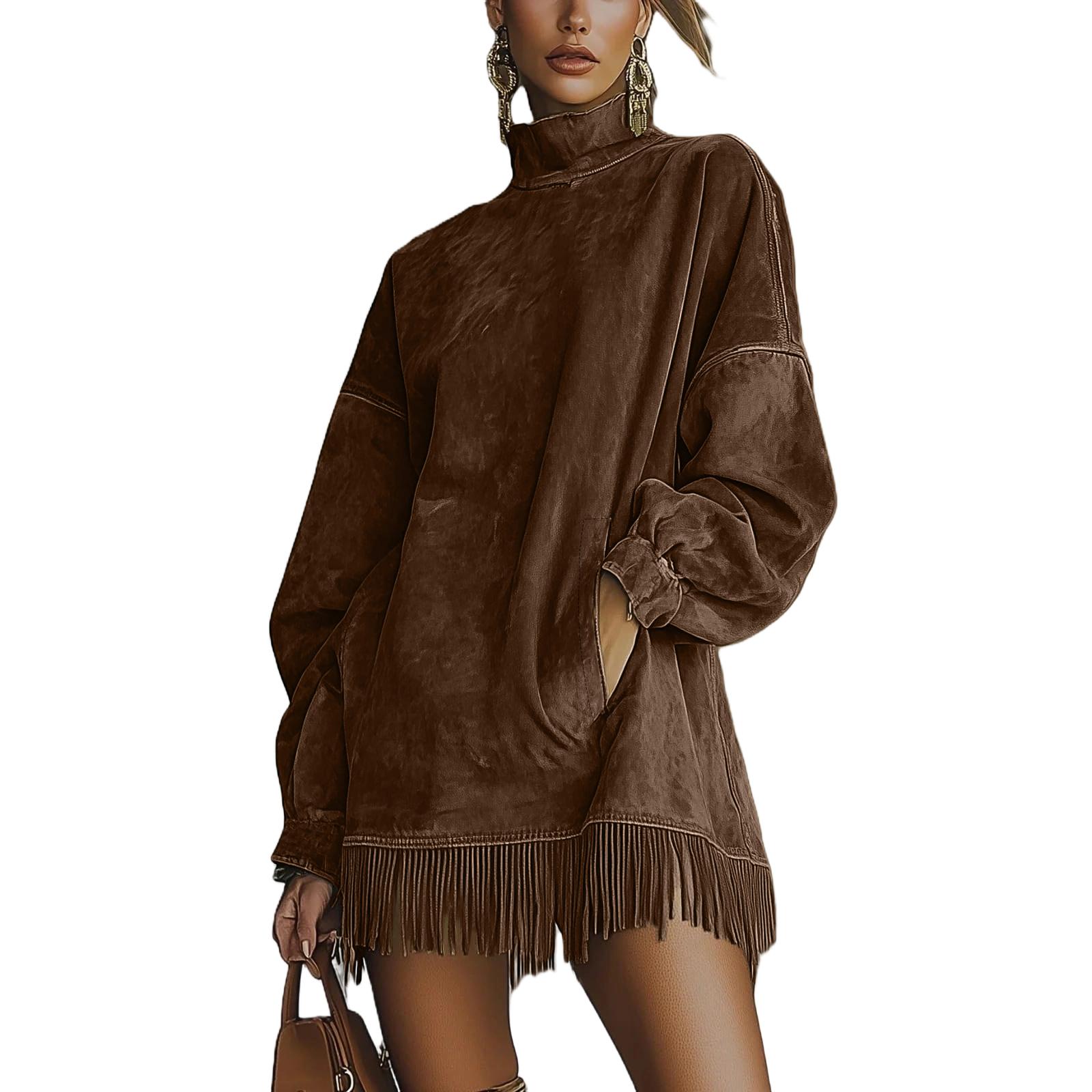 Women s Color High Neck Loose Pocket Tassel Long Sleeved Suede Dress L коричневый
Women s Color High Neck Loose Pocket Tassel Long Sleeved Suede Dress L коричневый