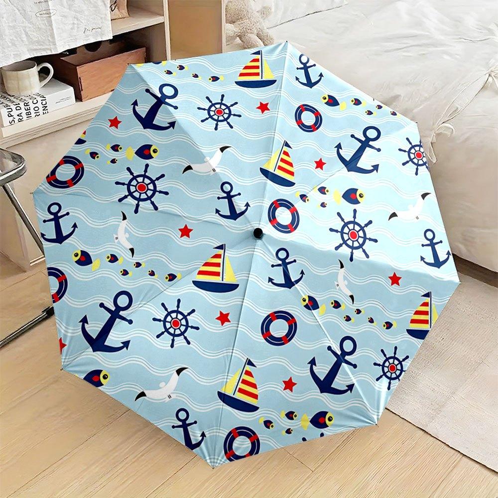 Folding Umbrella The umbrella features patterns of anchors, ship wheels, and sailboats on a light blue background with wave-li (as the picture,Iron&8K)
Folding Umbrella The umbrella features patterns of anchors, ship wheels, and sailboats on a light blue background with wave-li (as the picture,Iron&8K)