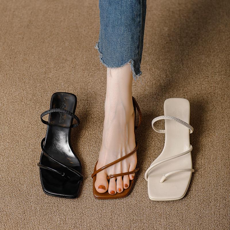 Thin strap square head high heel sandals thin heel new soft leather toe temperament kitten and cool slippers 34
Thin strap square head high heel sandals thin heel new soft leather toe temperament kitten and cool slippers 34
