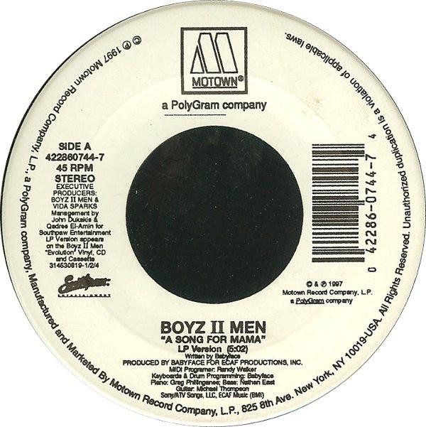 7inch Record BOYZ II MEN - A Song For Mama 4228607447 Motown 1997 US Soul/Funk Used
7inch Record BOYZ II MEN - A Song For Mama 4228607447 Motown 1997 US Soul/Funk Used