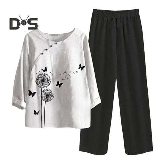 2 шт./компл. женский топ и брюки, комплект в стиле ретро с принтом листьев, широкая эластичная резинка на талии, с половиной рукавом, круглый вырез, свободная футболка среднего размера для женщин среднего возраста, повседневная футболка для мамы 2XL белый