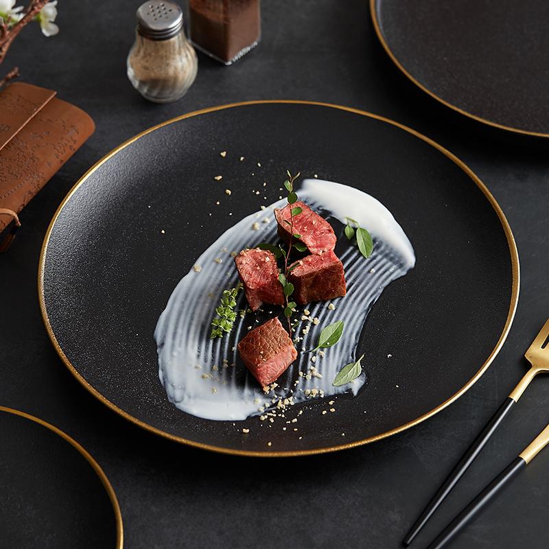Frosted Black Ceramic Dinner Plate with Gold Border Round Steak Plate Hotel Restaurant Tableware Set Kitchen Utensils Porcelain
Frosted Black Ceramic Dinner Plate with Gold Border Round Steak Plate Hotel Restaurant Tableware Set Kitchen Utensils Porcelain