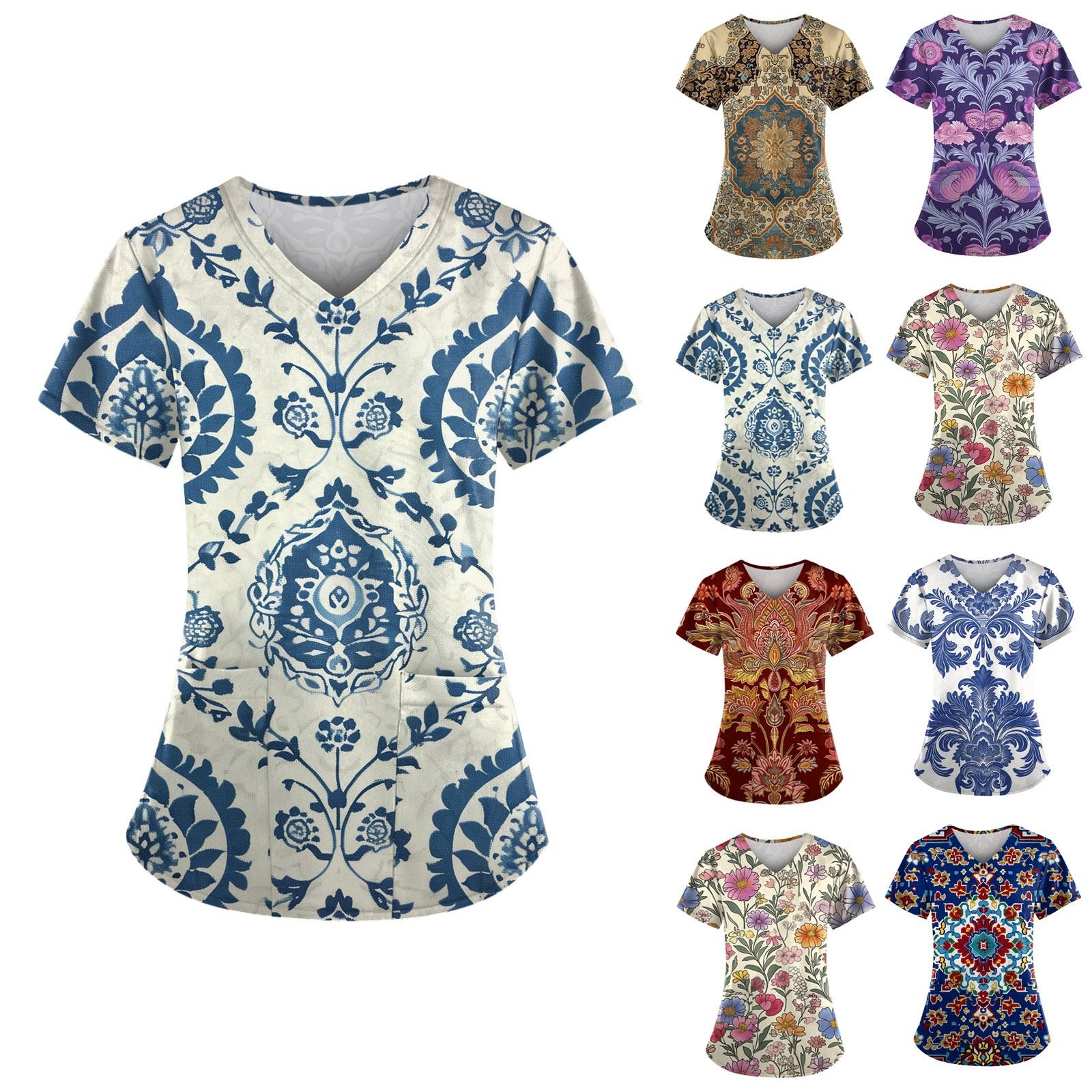 Женская униформа с принтом в стиле ретро, рабочая форма с V-образным вырезом и карманами, защитная рабочая форма 
Женская униформа с принтом в стиле ретро, рабочая форма с V-образным вырезом и карманами, защитная рабочая форма